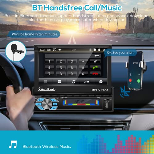 Single Din Apple Carplay Bluetooth Car Stereo with Android Auto,7'' Electric Flip Out HD Touch Screen Car Radio Supports FM Phone Mirror Link EQ,Head Unit with Backup Camera/USB/TF Card/AUX-in Port