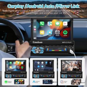 Single Din Apple Carplay Bluetooth Car Stereo with Android Auto,7'' Electric Flip Out HD Touch Screen Car Radio Supports FM Phone Mirror Link EQ,Head Unit with Backup Camera/USB/TF Card/AUX-in Port