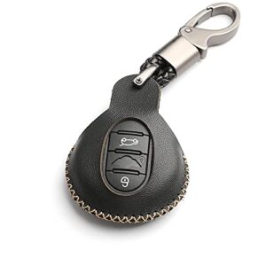 wfmj leather for mini cooper 2015-2020 mini cooper clubman 2015-2020 remote 3 4 buttons key case holder cover fob skin covers chain (black)