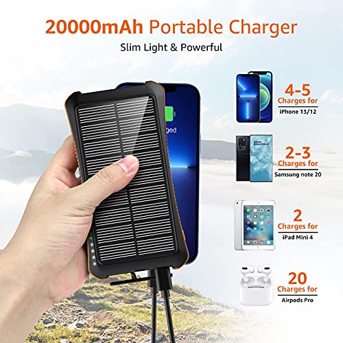 Portable Charger 20000mAh Power Bank Fast Charging PD 18W Solar Charger with 3A USB-C Cable Slim Light Power Pack with LED Flashlights Solar Power Bank for iPhone.