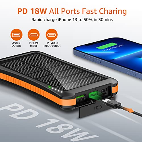 Portable Charger 20000mAh Power Bank Fast Charging PD 18W Solar Charger with 3A USB-C Cable Slim Light Power Pack with LED Flashlights Solar Power Bank for iPhone.