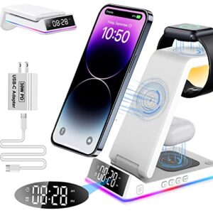 Wireless Charging Station, 3 in 1 Wireless Charger [With Alarm/Clock/Night Light]15W Wireless Charging Dock Stand for iPhone 14/13/12/11,Samsung Phones,Apple Watch Series & Airpods (with 30W Adapter)