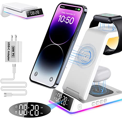 Wireless Charging Station, 3 in 1 Wireless Charger [With Alarm/Clock/Night Light]15W Wireless Charging Dock Stand for iPhone 14/13/12/11,Samsung Phones,Apple Watch Series & Airpods (with 30W Adapter)