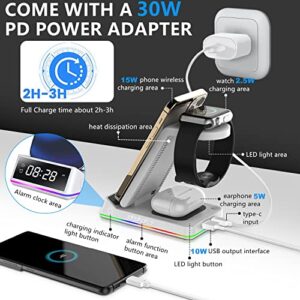 Wireless Charging Station, 3 in 1 Wireless Charger [With Alarm/Clock/Night Light]15W Wireless Charging Dock Stand for iPhone 14/13/12/11,Samsung Phones,Apple Watch Series & Airpods (with 30W Adapter)