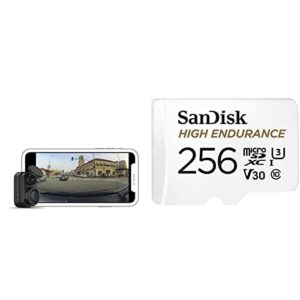 garmin dash cam mini 2, tiny size, 1080p and 140-degree fov, monitor your vehicle while away w/ new connected features, voice control & sandisk 256gb high endurance video microsdxc card with adapter