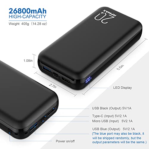 RPMAX Portable Charger Power Bank 26800mAh with Hidden LED Display & 2 USB Outputs, High Capacity 5V Cell Phone Charger External Backup Battery Pack Compatible with iPhone,iPad,Samsung Galaxy,Android.