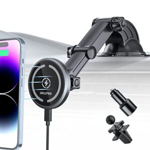 ohlpro magnetic wireless car charger for magsafe mount iphone 14/13/12 series, strong suction cup phone holder for car dashboard windshield vent, with adjustable telescopic arm and qc3.0 car adapter