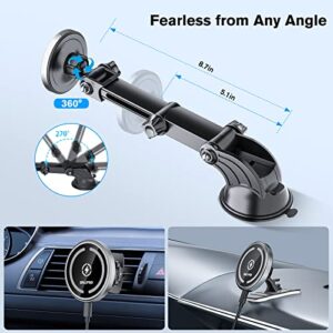 OHLPRO Magnetic Wireless Car Charger for MagSafe Mount iPhone 14/13/12 Series, Strong Suction Cup Phone Holder for Car Dashboard Windshield Vent, with Adjustable Telescopic Arm and QC3.0 Car Adapter