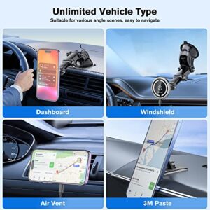 OHLPRO Magnetic Wireless Car Charger for MagSafe Mount iPhone 14/13/12 Series, Strong Suction Cup Phone Holder for Car Dashboard Windshield Vent, with Adjustable Telescopic Arm and QC3.0 Car Adapter