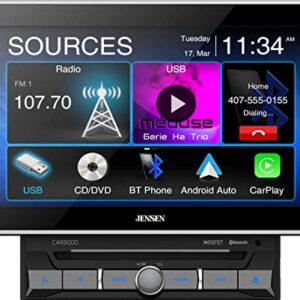 Jensen CAR8000 10.1" Extra Large Touchscreen CD/DVD Multimedia Receiver with Apple CarPlay and Android Auto l MP4 Video Playback l Built-in Bluetooth with A2DP Music Streaming and Phonebook Support