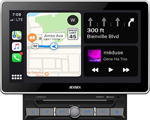 Jensen CAR8000 10.1" Extra Large Touchscreen CD/DVD Multimedia Receiver with Apple CarPlay and Android Auto l MP4 Video Playback l Built-in Bluetooth with A2DP Music Streaming and Phonebook Support