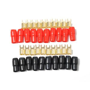10 pairs copper gold plated 4 gauge strip spade terminal spade fork adapters connectors plugs crimp barrier spades for speaker wire cable terminal plug – 4ga (red and black)