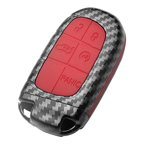 TANGSEN Smart Key Fob Case Compatible with Dodge RAM Jeep Cherokee 3 4 5 Button Keyless Entry Remote Control Accessories Personalized Double Protective Cover Plastic Carbon Fiber Pattern Red Silicone