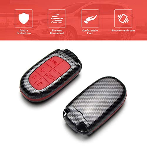 TANGSEN Smart Key Fob Case Compatible with Dodge RAM Jeep Cherokee 3 4 5 Button Keyless Entry Remote Control Accessories Personalized Double Protective Cover Plastic Carbon Fiber Pattern Red Silicone