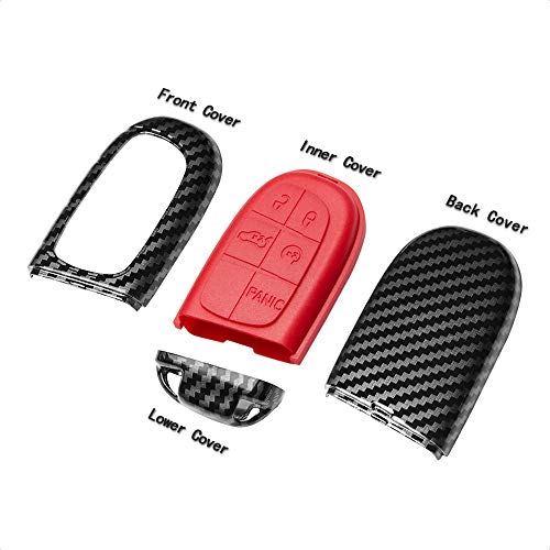 TANGSEN Smart Key Fob Case Compatible with Dodge RAM Jeep Cherokee 3 4 5 Button Keyless Entry Remote Control Accessories Personalized Double Protective Cover Plastic Carbon Fiber Pattern Red Silicone