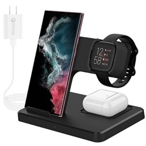 oenfoto 3 in 1 wireless charging station compatible with fibit versa 2 (not for versa)– charging cable dock for samsung galaxy s22 ultra s21 note 20, airpods pro, galaxy buds pro(with qc 3.0 adapter)