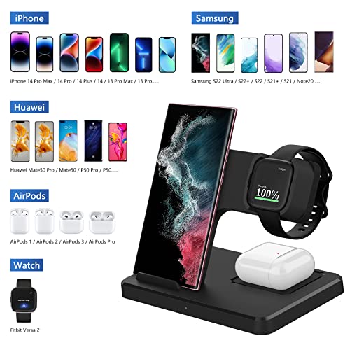 OenFoto 3 in 1 Wireless Charging Station Compatible with Fibit Versa 2 (Not for Versa)– Charging Cable Dock for Samsung Galaxy S22 Ultra S21 Note 20, AirPods Pro, Galaxy Buds Pro(with QC 3.0 Adapter)