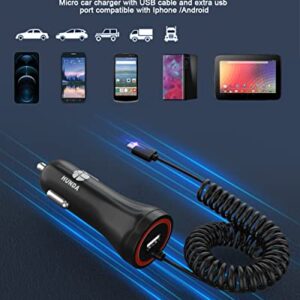 Micro USB Car Charger, HUNDA 24W/4.8A Rapid Dual Car Charger Adapter Quick Charge with Coiled USB Cable, Fast Car Charging for Android Phones, Cameras and Other Devices