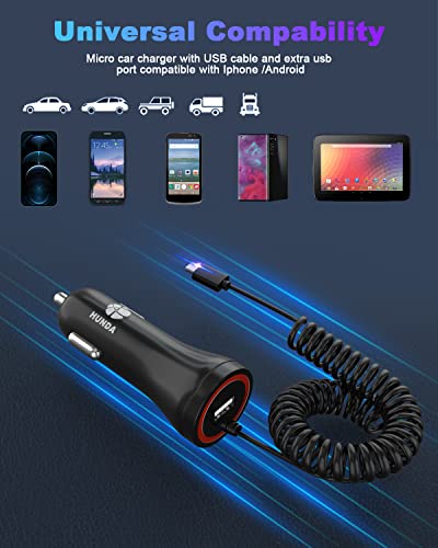 Micro USB Car Charger, HUNDA 24W/4.8A Rapid Dual Car Charger Adapter Quick Charge with Coiled USB Cable, Fast Car Charging for Android Phones, Cameras and Other Devices