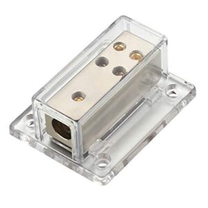 freajoin 4/8/10 awg gauge power distribution block 4 gauge in – ( 4 ) 8/10 gauge out, satin nickle plated internal material and high-strength clear housing