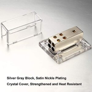 Freajoin 4/8/10 AWG Gauge Power Distribution Block 4 Gauge in - ( 4 ) 8/10 Gauge Out, Satin Nickle Plated Internal Material and High-Strength Clear Housing