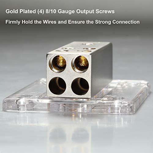 Freajoin 4/8/10 AWG Gauge Power Distribution Block 4 Gauge in - ( 4 ) 8/10 Gauge Out, Satin Nickle Plated Internal Material and High-Strength Clear Housing