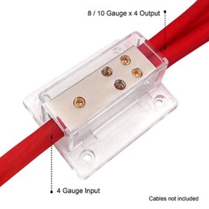 Freajoin 4/8/10 AWG Gauge Power Distribution Block 4 Gauge in - ( 4 ) 8/10 Gauge Out, Satin Nickle Plated Internal Material and High-Strength Clear Housing