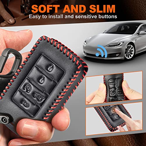 Slohif for Jeep Leather Key Fob Cover Accessories for Grand Cherokee Wagoneer 2022 5 Buttons, Leather Case+D-Ring+Hook(Black)