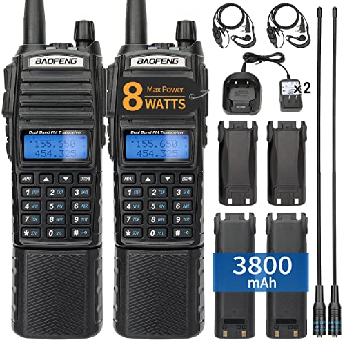 BAOFENG UV-82 Plus 8W High Power Ham Radio 2M/70CM Portable Two Way Radio Dual PTT Handheld Amateur Radio with Extra 3800mAh Battery +771 Antenna（Pack of 2pcs Radios）