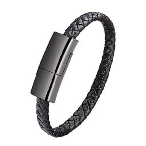 gvusmil usb leather charging braided bracelets for iphone, hematite metal and black leather