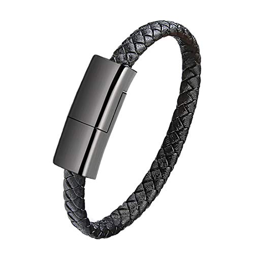 GVUSMIL USB Leather Charging Braided Bracelets for iPhone, Hematite Metal and Black Leather