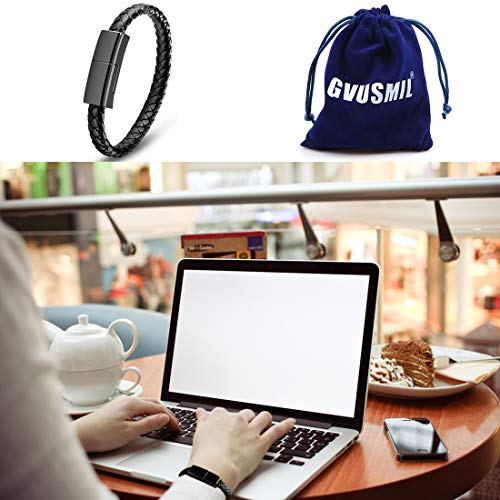 GVUSMIL USB Leather Charging Braided Bracelets for iPhone, Hematite Metal and Black Leather