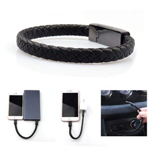 GVUSMIL USB Leather Charging Braided Bracelets for iPhone, Hematite Metal and Black Leather