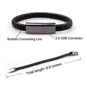 GVUSMIL USB Leather Charging Braided Bracelets for iPhone, Hematite Metal and Black Leather