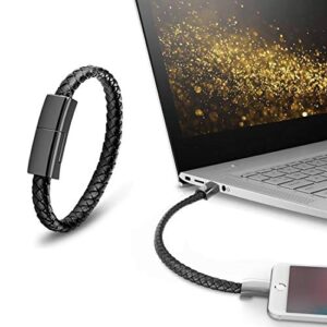 GVUSMIL USB Leather Charging Braided Bracelets for iPhone, Hematite Metal and Black Leather