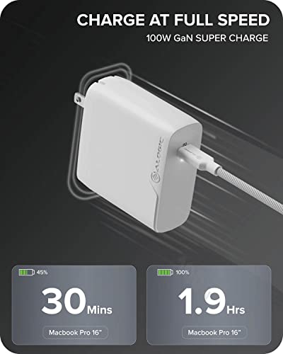 ALOGIC 100W MacBook Pro Charger USB C Charger with GaN Fast Tech, PD 3.0 Laptop Charger for MacBook Pro 16/13, Air, M1 Mac, XPS 15/13, iPad Pro, iPhone 13/13 Pro/Max/13 Mini Galaxy, Pixel & More