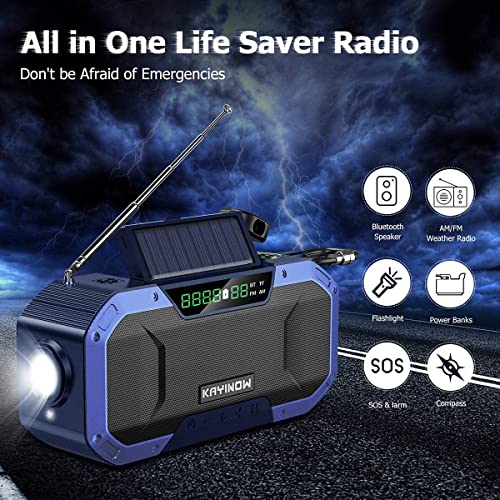 Portable Emergency Radio Bluetoooth Speaker,FM AM WB NOAA Weather Radio w/ 5000mAh Power Bank,IPX5 Waterproof Hand Crank Solar Radio w/LED Flashlight,SOS Alarm,Compass for Outdoor Survival