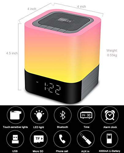 Bluetooth Speaker Night Light,12/24H Alarm Clock, 5 in 1 Touch Sensor Beside Lamp, Dimmable & Multi-Color Changing,SD TF Card MPF Music Player,Gift ideas for 10 11 12 13 14 Year Old Teenage Girls/Boys