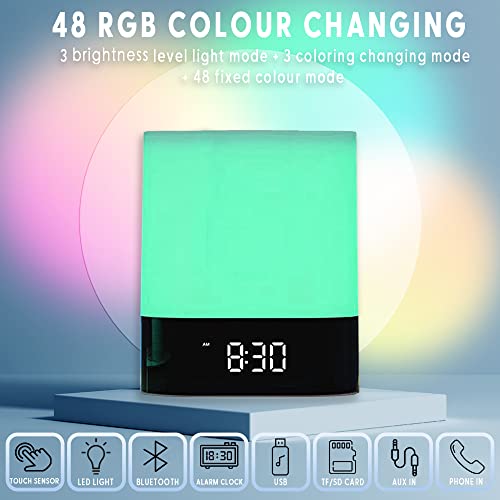 Bluetooth Speaker Night Light,12/24H Alarm Clock, 5 in 1 Touch Sensor Beside Lamp, Dimmable & Multi-Color Changing,SD TF Card MPF Music Player,Gift ideas for 10 11 12 13 14 Year Old Teenage Girls/Boys