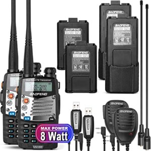baofeng uv-5r pro ham radio handheld walkie talkies uhf vhf dual band 2-way radio full kit with an extra 3800mah battery, earpiece and programming cable (2 pack)