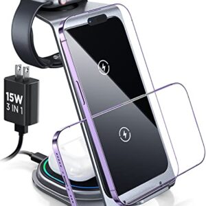 Wireless Charging Station for Apple, 15W iPhone Wireless Charger Fast Charging [Metal], Lemoworld 3 in 1 Charging Station [Qi Certified], for iPhone 14/13/12/11/Pro/Max/Apple Watch/Airpods Pro