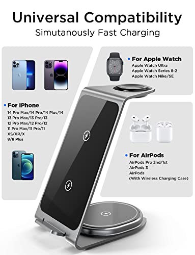 Wireless Charging Station for Apple, 15W iPhone Wireless Charger Fast Charging [Metal], Lemoworld 3 in 1 Charging Station [Qi Certified], for iPhone 14/13/12/11/Pro/Max/Apple Watch/Airpods Pro