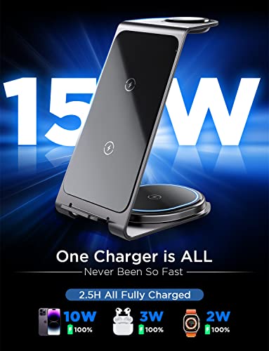 Wireless Charging Station for Apple, 15W iPhone Wireless Charger Fast Charging [Metal], Lemoworld 3 in 1 Charging Station [Qi Certified], for iPhone 14/13/12/11/Pro/Max/Apple Watch/Airpods Pro