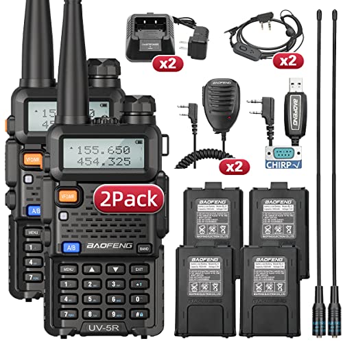 Ham Radio Handheld Baofeng UV-5R Radio UHF VHF Dual Band Two Way Radio Long Range Handheld Walkie Talkies with Extra Li-ion Battery Programming Cable AR771 Antenna Headsets Full Kits-2Pack