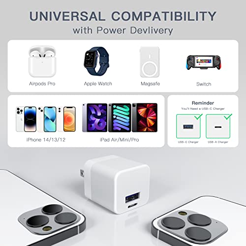 USB C Charger Block, Upgraded PD Dual Port Mini iPhone Charger with Fast Charging, USB C Wall Charger, Type C Power Adapter Block Cube Compatible for New Apple Watch 7 8 iPhone 14 13 Pro Max, White