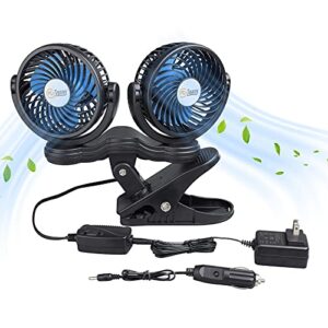 tn tonny dual head clip fan, 12v/110v 4 inches electric clip on fan, 360° rotatable adjustable cooling air fan with stepless speed regulation and brushless motor for vehicle or home