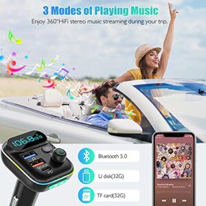 LENCENT FM Transmitter in-Car Adapter, Wireless Bluetooth 5.0 Radio Car Kit,Type-C PD + QC3.0 Fast USB Charger, Hands Free Calling, Mp3 Player Receiver Hi Fi Bass Support U Disk