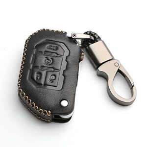 wfmj leather for 2018 2019 2020 2021 2022 2023 jeep wrangler jl gladiator jt jlu remote flip 4 buttons key fob case cover chain (black)