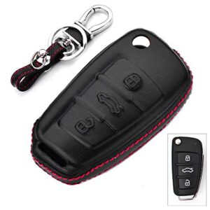 royalfox genuine leather 3 buttons key fob case cover for audi folding flip key, audi a1 a3 q3 q7 tt s3 r8 car remote pouch with key rings keychain holder metal black