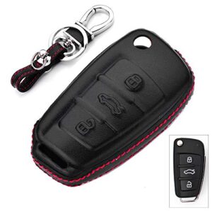 RoyalFox Genuine Leather 3 Buttons Key Fob case Cover for Audi Folding flip Key, Audi A1 A3 Q3 Q7 TT S3 R8 Car Remote Pouch with Key Rings Keychain Holder Metal Black